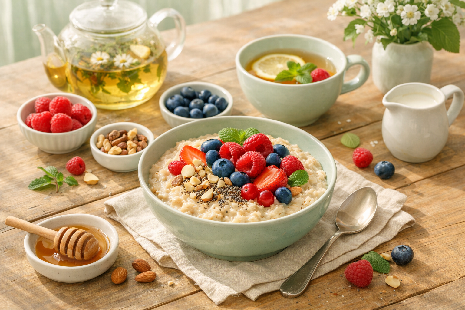 Bright morning breakfast scene with oatmeal bowl, fresh berries, nuts, and herbal tea on a wooden table, natural light, wellness lifestyle aesthetic, soft pastel green and cream tones